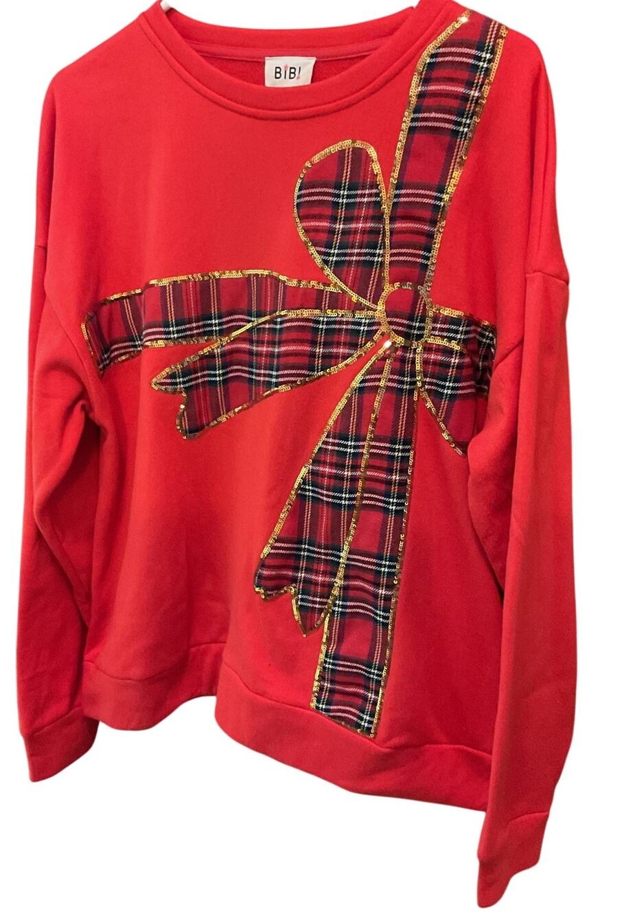 Bibi Red Tartan Plaid Ribbon Crewneck Pullover Christmas GoldSequin Holiday Sz S